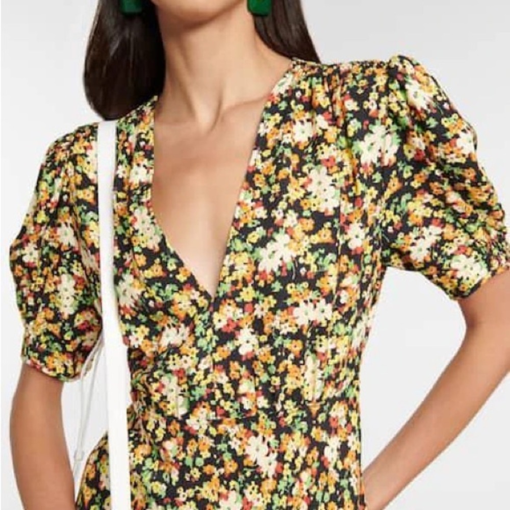 MARNI sz US 4 (40) Floral Print Dress V Neck Crepe Midi Puff Short Sleeves Italy